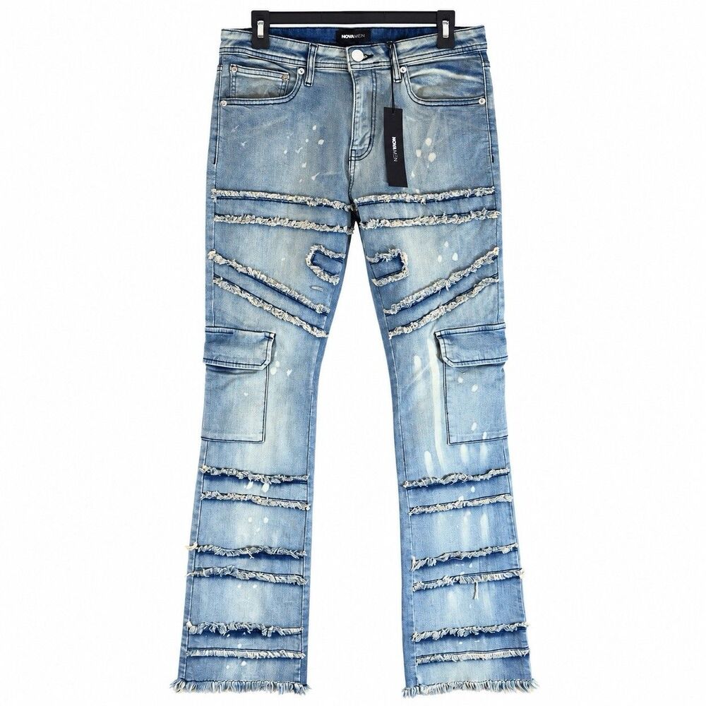Nova Men With Some Fray Cargo Flare Jeans Size 32 Light Blue Distressed NWT